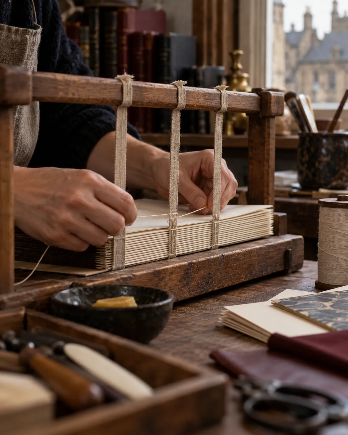 Hands sewing folded paper sections onto linen tapes on a wooden sewing frame