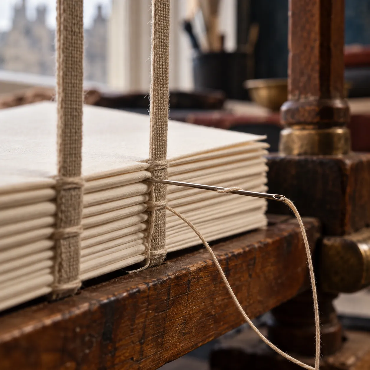 Sewing book sections with linen thread on a wooden frame