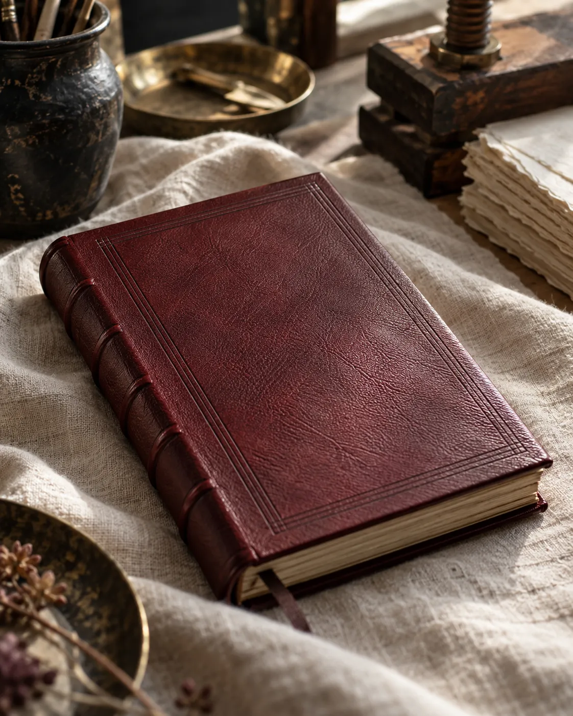 A dark red goatskin journal with blind-tooled lines on the cover