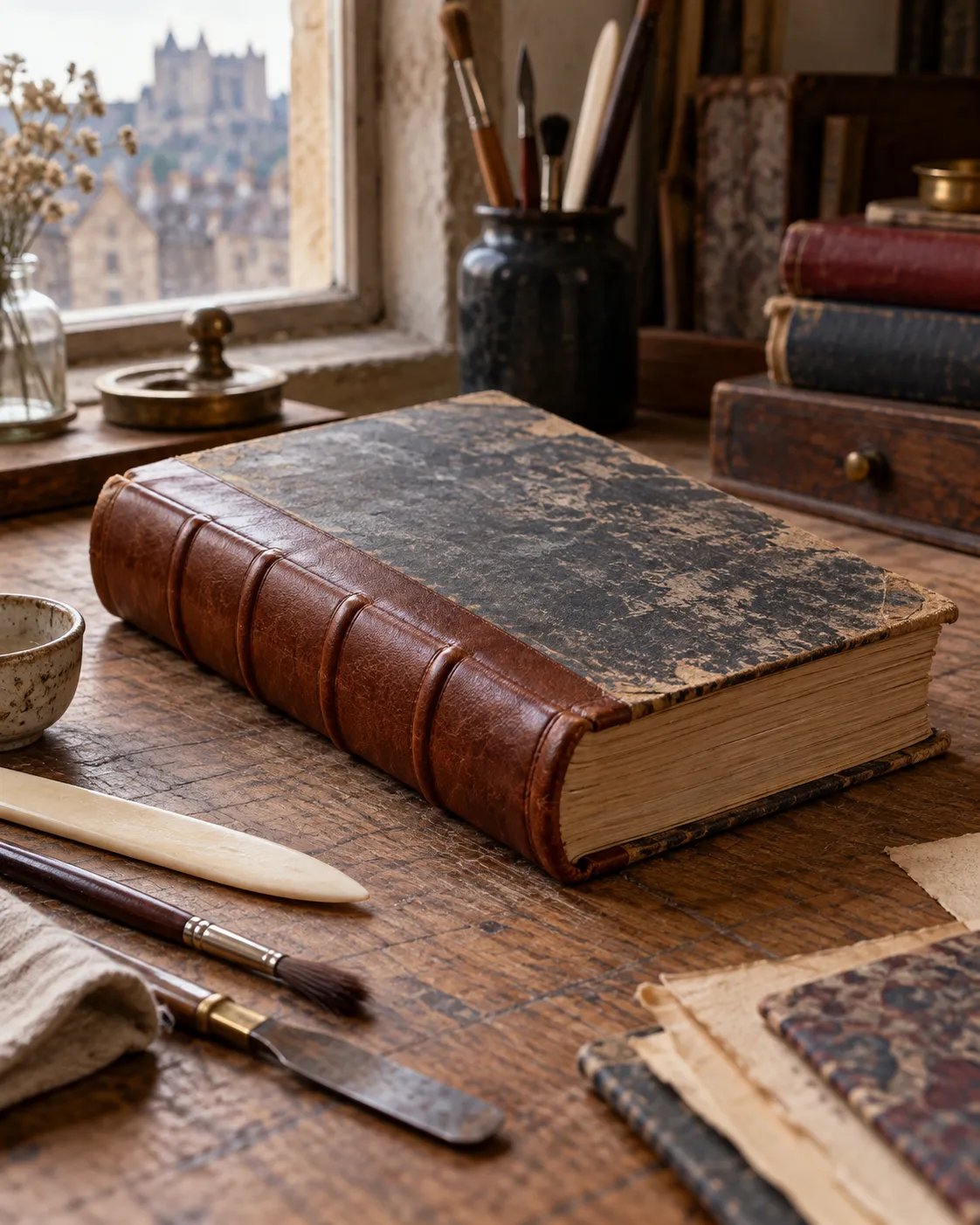 A worn family book after repair, with a new leather spine